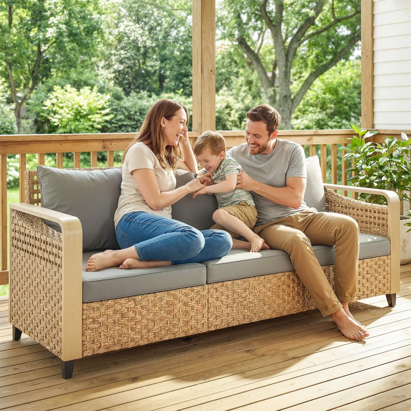 Outsunny Rattan Wicker Sofa 3-Seater Outdoor Patio Sofa with Cushions for Garden Backyard Porch Gray