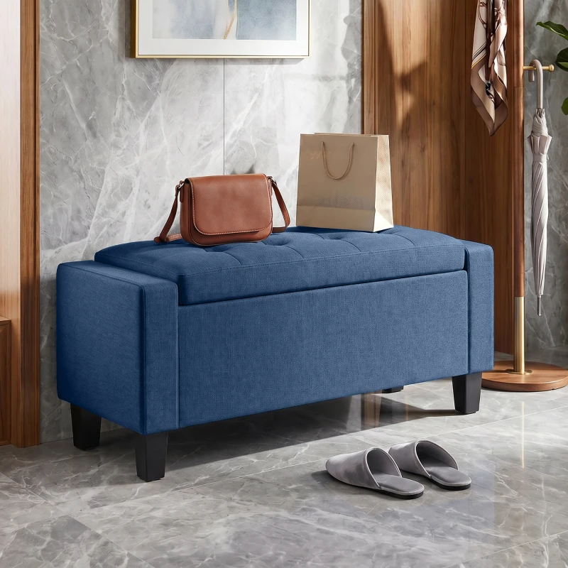 HOMCOM Storage Ottoman, Storage Bench with Wooden Legs, Tufted Armrests for Entryway, Living Room, Bedroom, 36.6", Blue