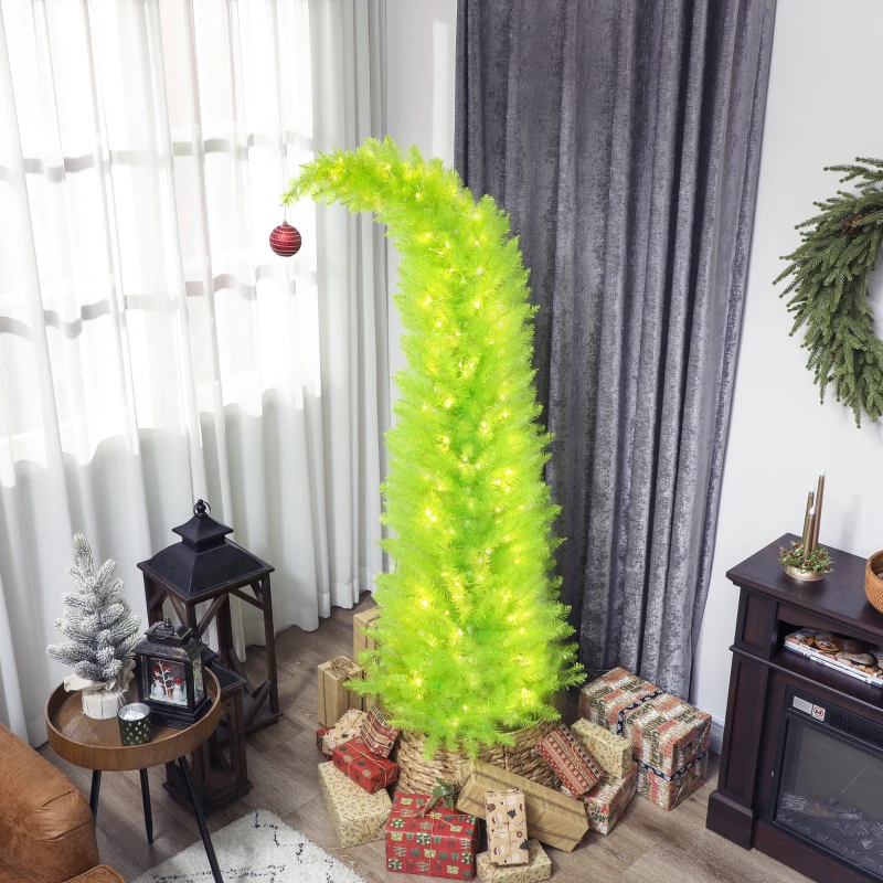 HOMCOM 6 ft Whimsical Christmas Tree, Pencil Xmas Tree with with Red Ball, Metal Base, Prelit with 230 LED Lights
