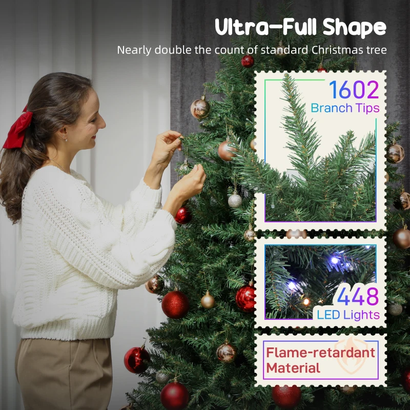 HOMCOM 6ft Prelit Christmas Tree with Full-Spectrum LEDs, Smart App Control, Wide Full Hinged Xmas Tree, Easy Assembly