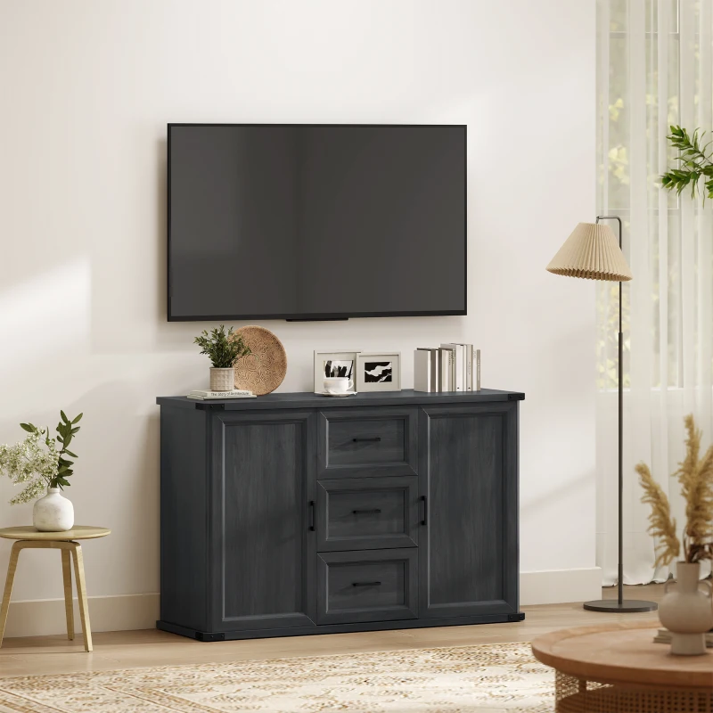 HOMCOM Sideboard with 3 Drawers and 2 Doors, 47" Buffet Cabinet with Adjustable Shelves for Kitchen, Black Wood Grain