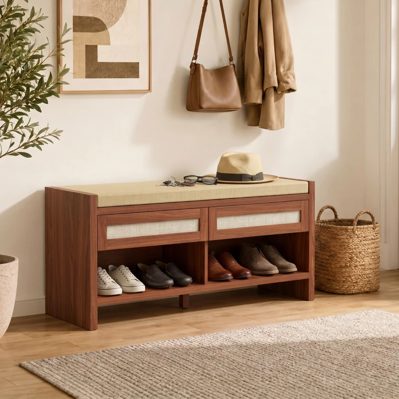 HOMCOM Shoe Bench with Cushioned Seat Shoe Storage Bench with 2 Rattan Drawers and Open Shelf Brown