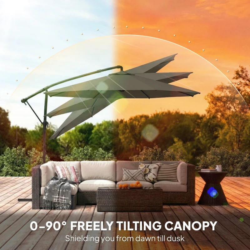 Outsunny 10 ft Offset Patio Umbrella with Cover, Hanging Cantilever Umbrella with 360° Rotation, Crank Handle, Tilt Grayish Brown