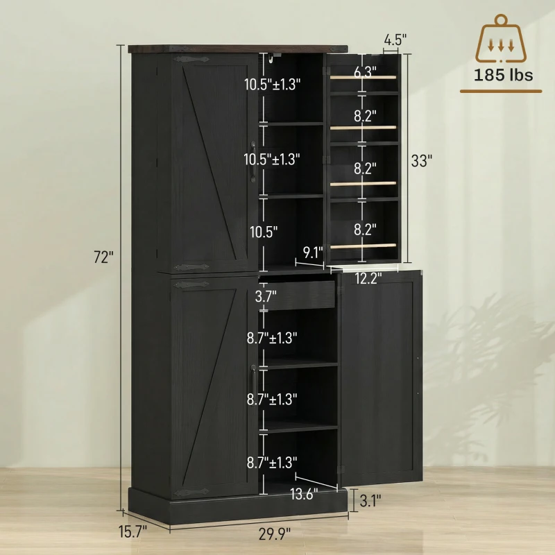 HOMCOM 72" Tall Kitchen Pantry Cabinet, Farmhouse Storage Cabinet with 8 Door Racks and Adjustable Shelves, Black