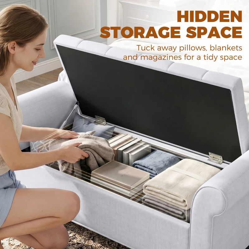 HOMCOM 47" Storage Ottoman Bench, Tufted End of Bed Bench with Rolled Arms, Safety Hinge, Wood Legs for Bedroom, Light Gray