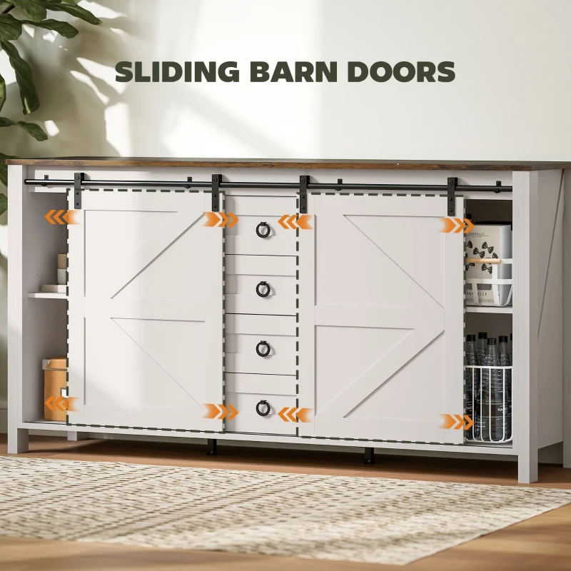 HOMCOM 60" Buffet Cabinet, Farmhouse Sideboard with Sliding Barn Doors, Drawers and Adjustable Shelves, Cream White