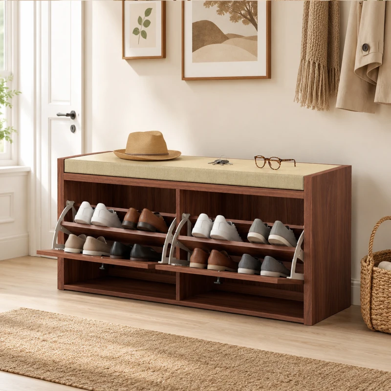 HOMCOM Shoe Storage Bench with Padded Seat, Shoe Storage Bench 2 Rattan Doors for Entryway, Brown