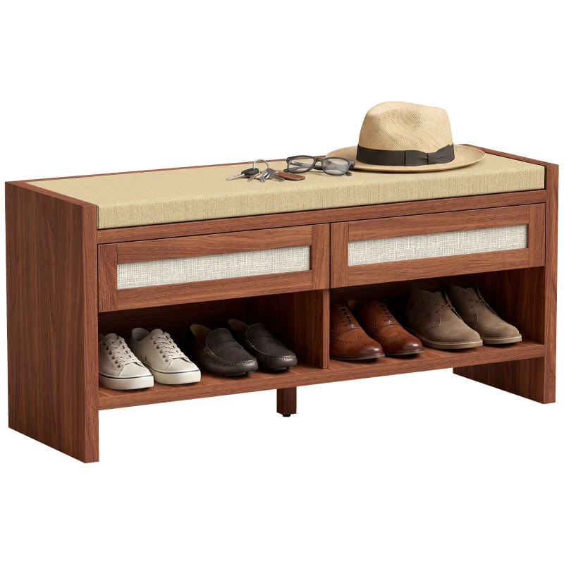 HOMCOM Shoe Bench with Cushioned Seat Shoe Storage Bench with 2 Rattan Drawers and Open Shelf Brown