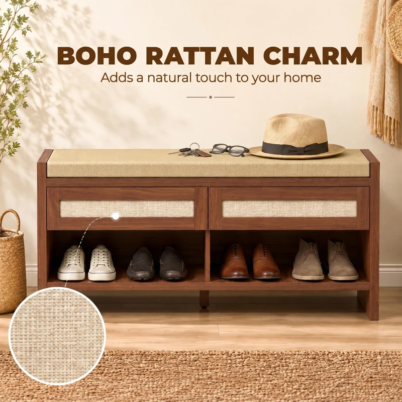 HOMCOM Shoe Bench with Cushioned Seat Shoe Storage Bench with 2 Rattan Drawers and Open Shelf Brown