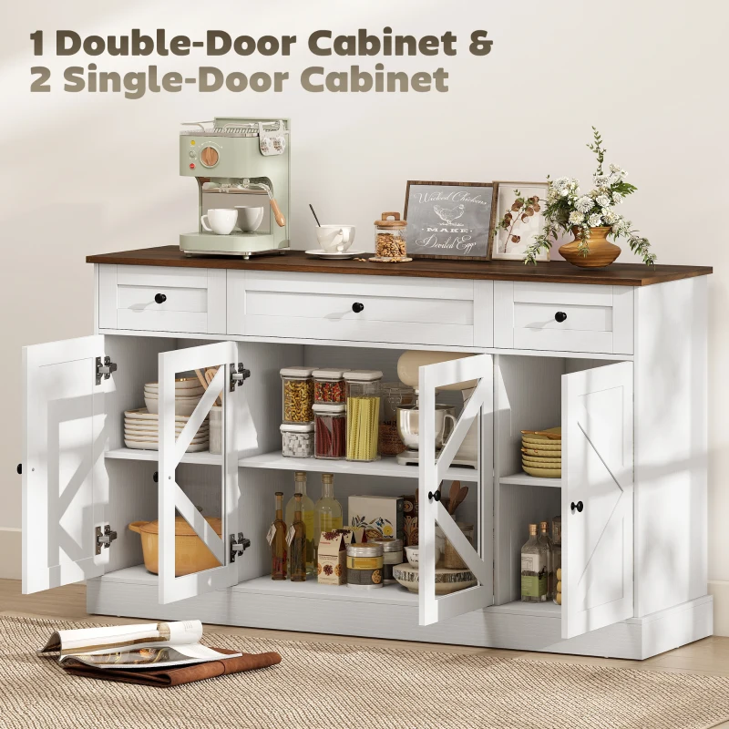 HOMCOM Sideboard Buffet Cabinet, 54" Farmhouse Kitchen Storage Cabinet with Acrylic Barn Doors and 3 Drawers, White Wood Grain