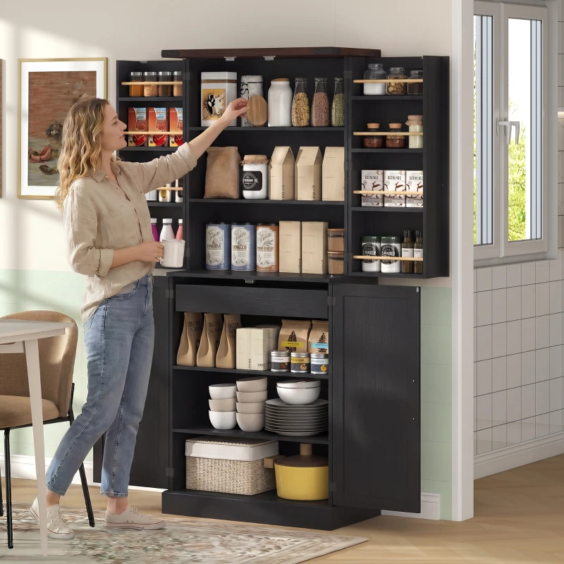 HOMCOM 72" Tall Kitchen Pantry Cabinet, Farmhouse Storage Cabinet with 8 Door Racks and Adjustable Shelves, Black