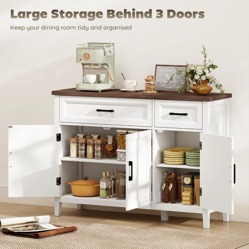 HOMCOM Sideboard Buffet Cabinet, 44" Farmhouse Kitchen Cabinet with 3 Chevron Doors, 2 Drawers and 2 Adjustable Shelves, White