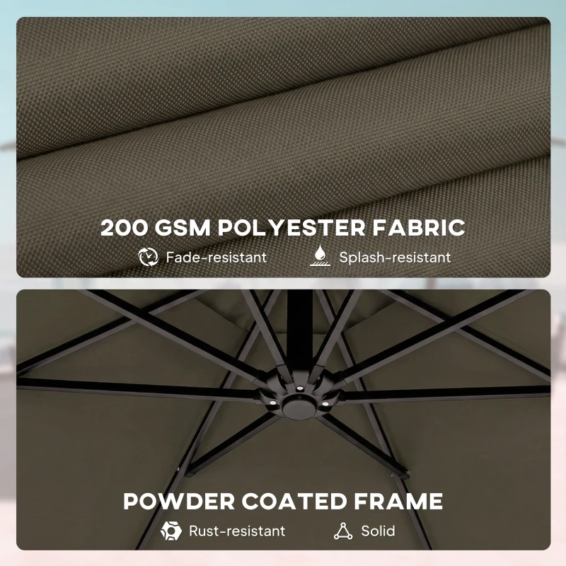 Outsunny 10 ft Offset Patio Umbrella with Cover, Hanging Cantilever Umbrella with 360° Rotation, Crank Handle, Tilt Grayish Brown