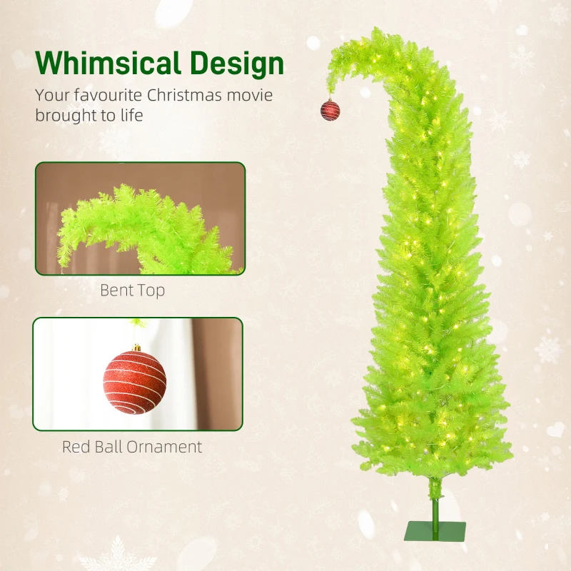 HOMCOM 7 ft Whimsical Christmas Tree, Pencil Xmas Tree with Red Ball, Metal Base, Prelit with 250 LED Lights