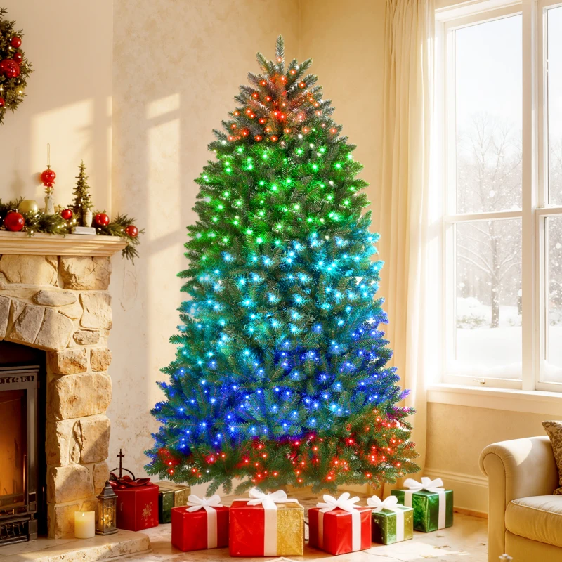 HOMCOM 6ft Prelit Christmas Tree with Full-Spectrum LEDs, Smart App Control, Wide Full Hinged Xmas Tree, Easy Assembly