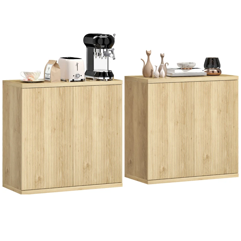 HOMCOM Sideboard Buffet Cabinet Set of 2, Kitchen Cabinet with Soft-Close Door and Adjustable Shelves for Living Room, Oak