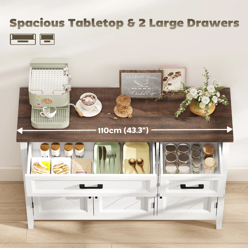 HOMCOM Sideboard Buffet Cabinet, 44" Farmhouse Kitchen Cabinet with 3 Chevron Doors, 2 Drawers and 2 Adjustable Shelves, White
