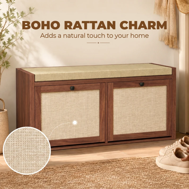 HOMCOM Shoe Storage Bench with Padded Seat, Shoe Storage Bench 2 Rattan Doors for Entryway, Brown