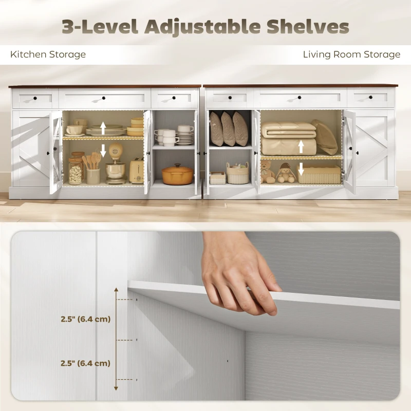 HOMCOM Sideboard Buffet Cabinet, 54" Farmhouse Kitchen Storage Cabinet with Acrylic Barn Doors and 3 Drawers, White Wood Grain