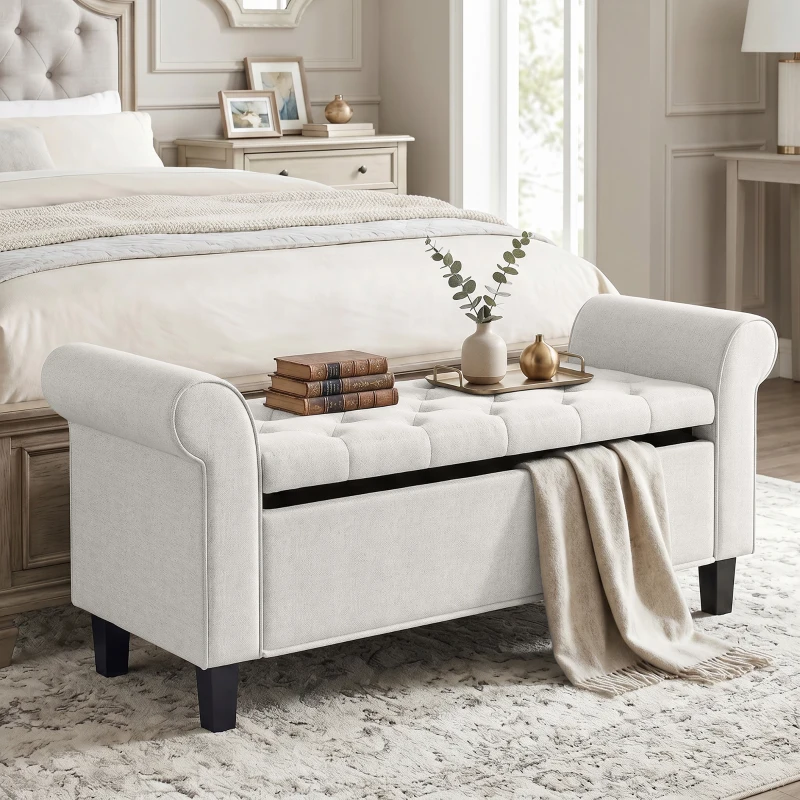 HOMCOM 47" Storage Ottoman Bench, Tufted End of Bed Bench with Rolled Arms, Safety Hinge, Wood Legs for Bedroom, Cream White
