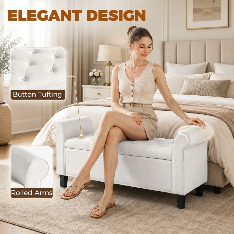 HOMCOM 47" Storage Ottoman Bench, Tufted End of Bed Bench with Rolled Arms, Safety Hinge, Wood Legs for Bedroom, Cream White