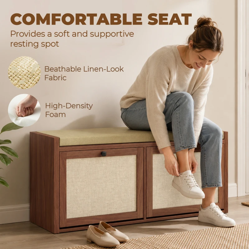 HOMCOM Shoe Storage Bench with Padded Seat, Shoe Storage Bench 2 Rattan Doors for Entryway, Brown