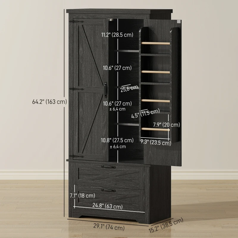 HOMCOM Farmhouse Kitchen Pantry Storage Cabinet, 64" Freestanding Kitchen Pantry Cabinet with Drawers, Distressed Black