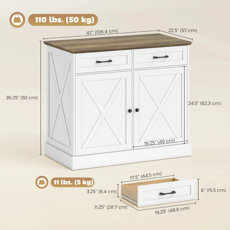 HOMCOM Kitchen Island with Sitting Space, Sideboard Cabinet with 2 Drawers and 2 Adjustable Shelves for Dining Room, White