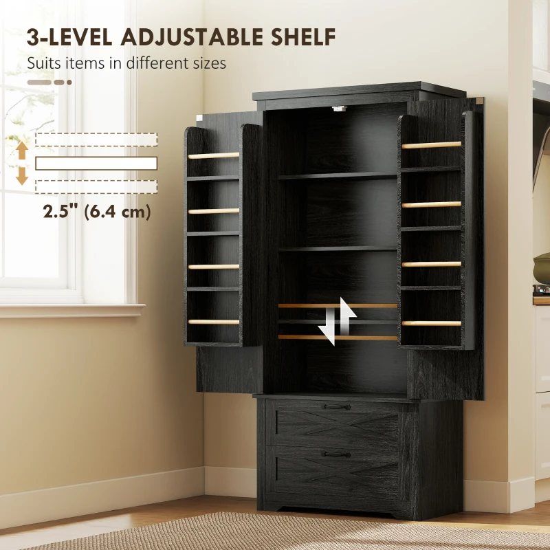 HOMCOM Farmhouse Kitchen Pantry Storage Cabinet, 64" Freestanding Kitchen Pantry Cabinet with Drawers, Distressed Black