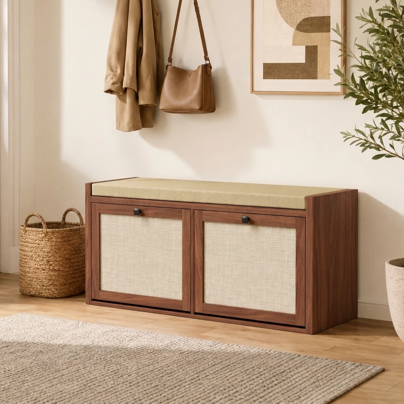 HOMCOM Shoe Storage Bench with Padded Seat, Shoe Storage Bench 2 Rattan Doors for Entryway, Brown