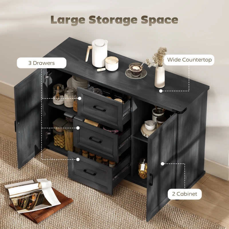 HOMCOM Sideboard with 3 Drawers and 2 Doors, 47" Buffet Cabinet with Adjustable Shelves for Kitchen, Black Wood Grain