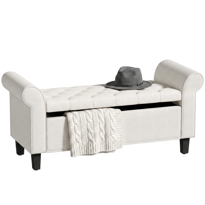 HOMCOM 47" Storage Ottoman Bench, Tufted End of Bed Bench with Rolled Arms, Safety Hinge, Wood Legs for Bedroom, Cream White