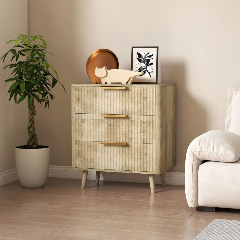 HOMCOM Fluted Chest of Drawers, Modern 3 Drawer Dresser with Pine Wood Legs, Finger Pulls for Closet, Living Room, Hallway, Oak