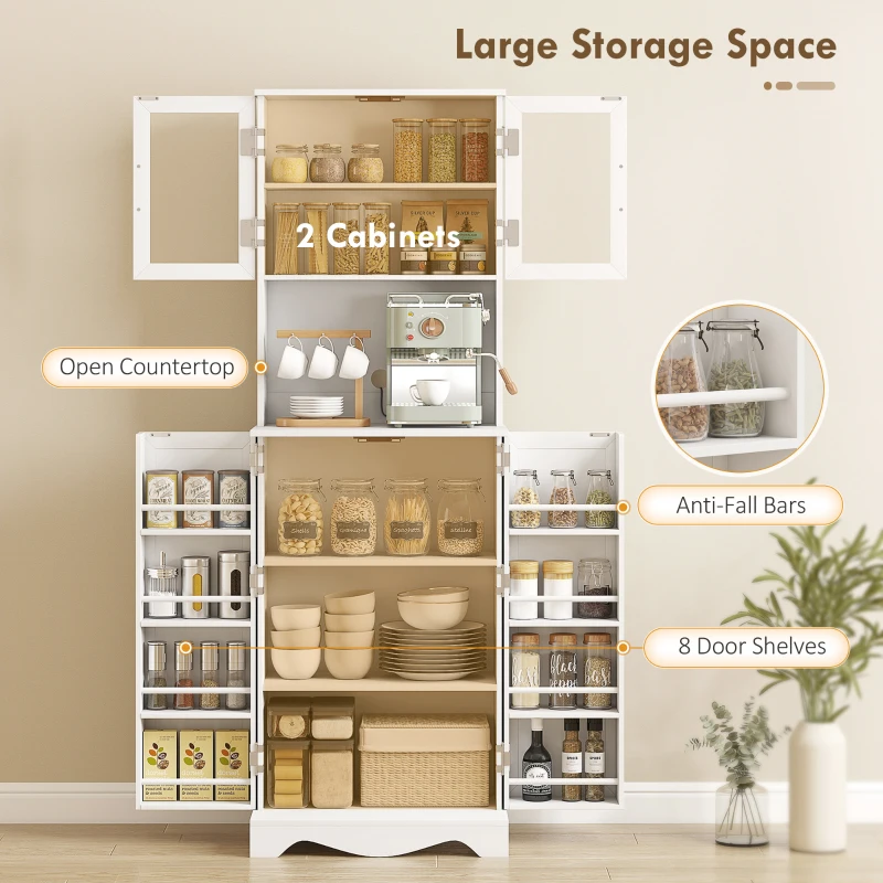 HOMCOM 71" Kitchen Pantry Cabinet, Freestanding Kitchen Hutch with 8 Door Shelves, Adjustable Shelf and Acrylic Doors, White