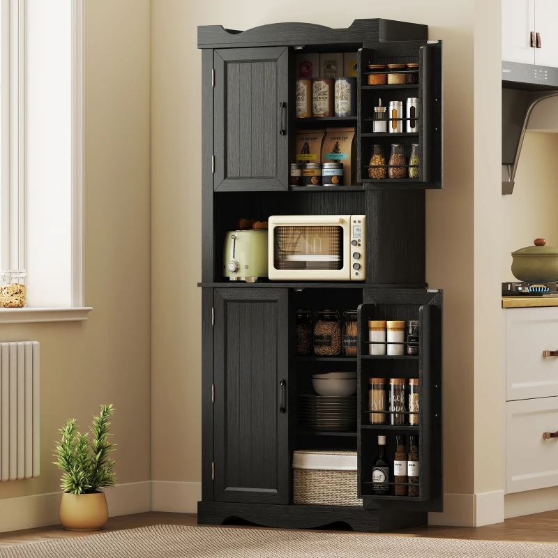 HOMCOM 73" Kitchen Pantry Cabinet, Freestanding Kitchen Hutch with 12 Door Shelves, Adjustable Shelves, Microwave Stand, Black