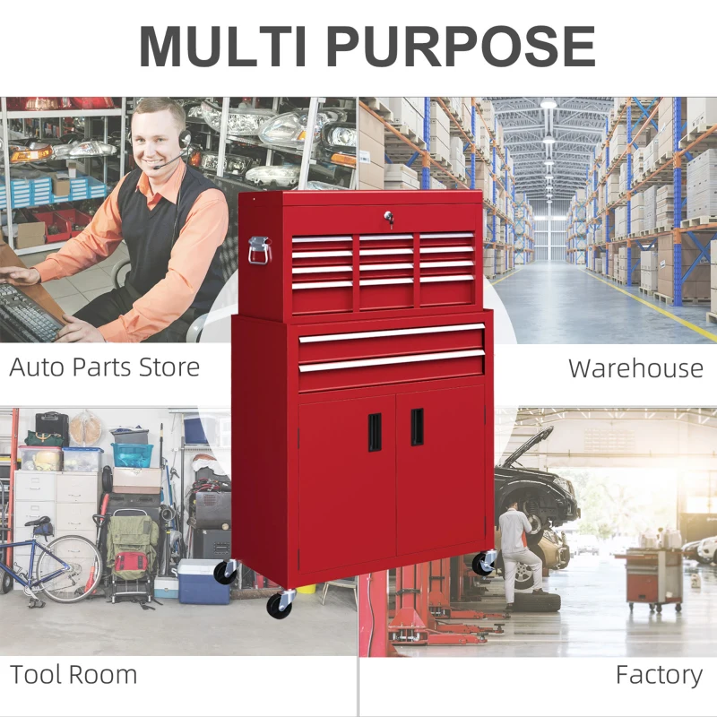 HOMCOM 6-Drawer Rolling Tool Chest, 2 in 1 Lockable Storage Cabinet with Hooks, Metal Tool Box for Garage, Workshop, Red