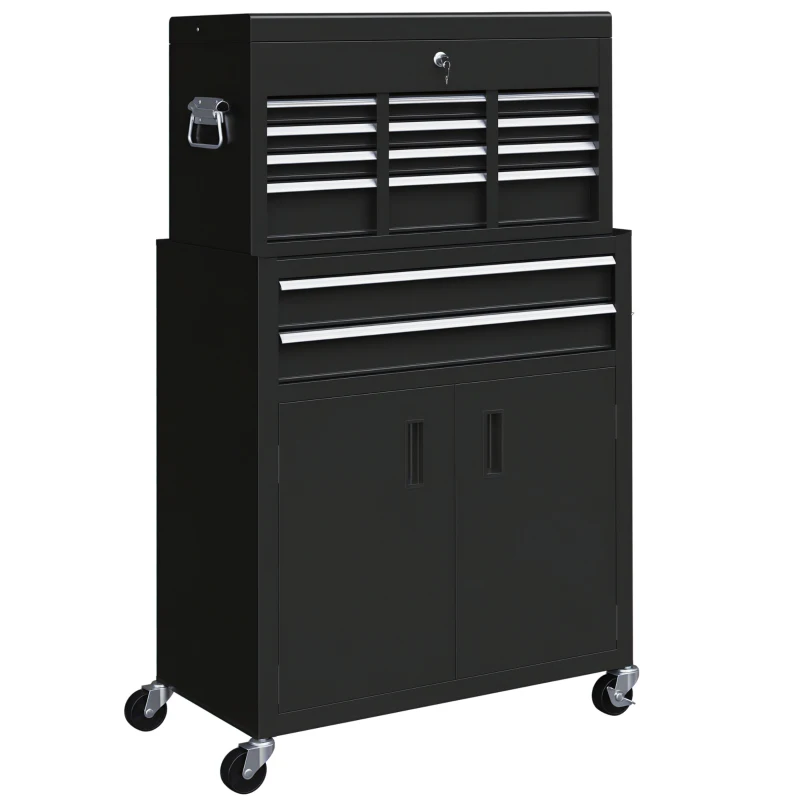 HOMCOM 6-Drawer Rolling Tool Chest, 2 in 1 Lockable Storage Cabinet with Hooks, Metal Tool Box for Garage, Workshop, Black