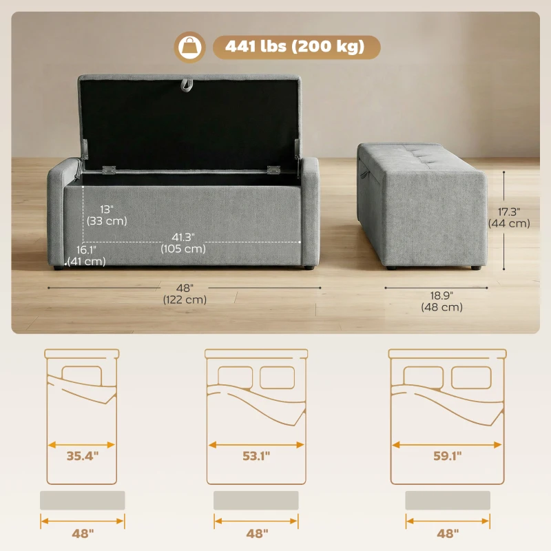 HOMCOM Storage Ottoman Bench, Linen-Look Fabric Upholstered Ottoman with Storage, Wide Padded Seat, Light Grey