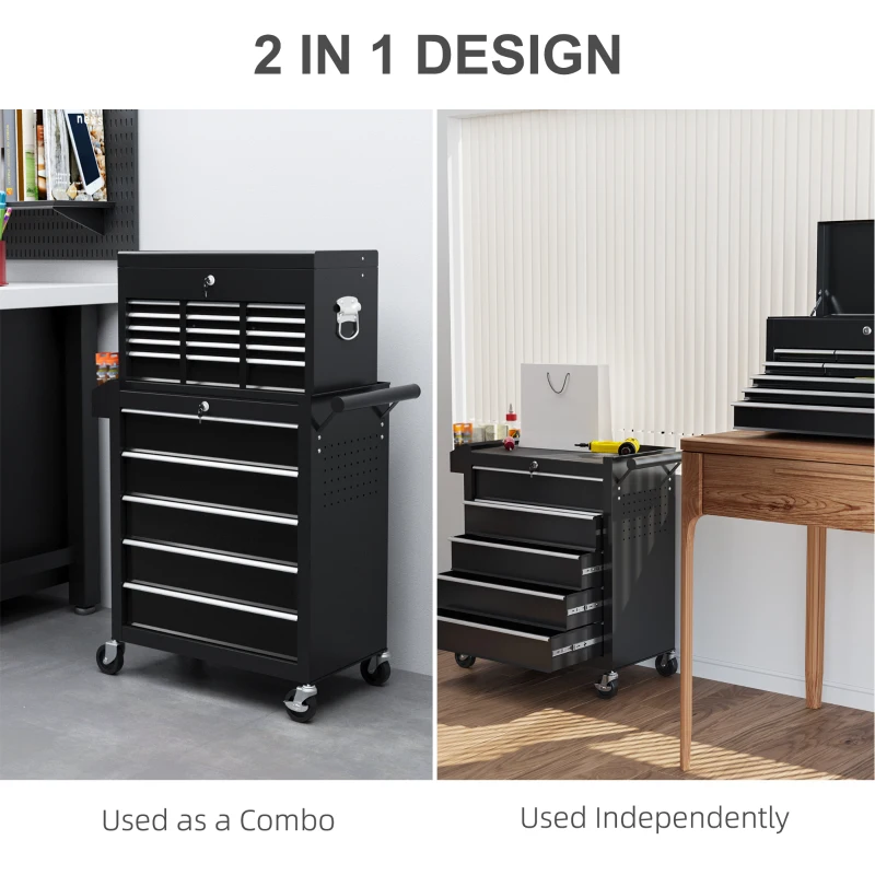 HOMCOM 14 Drawer Rolling Tool Chest, Lockable Tool Storage Cabinet with Detachable Top Toolbox, Protective Liner, Black