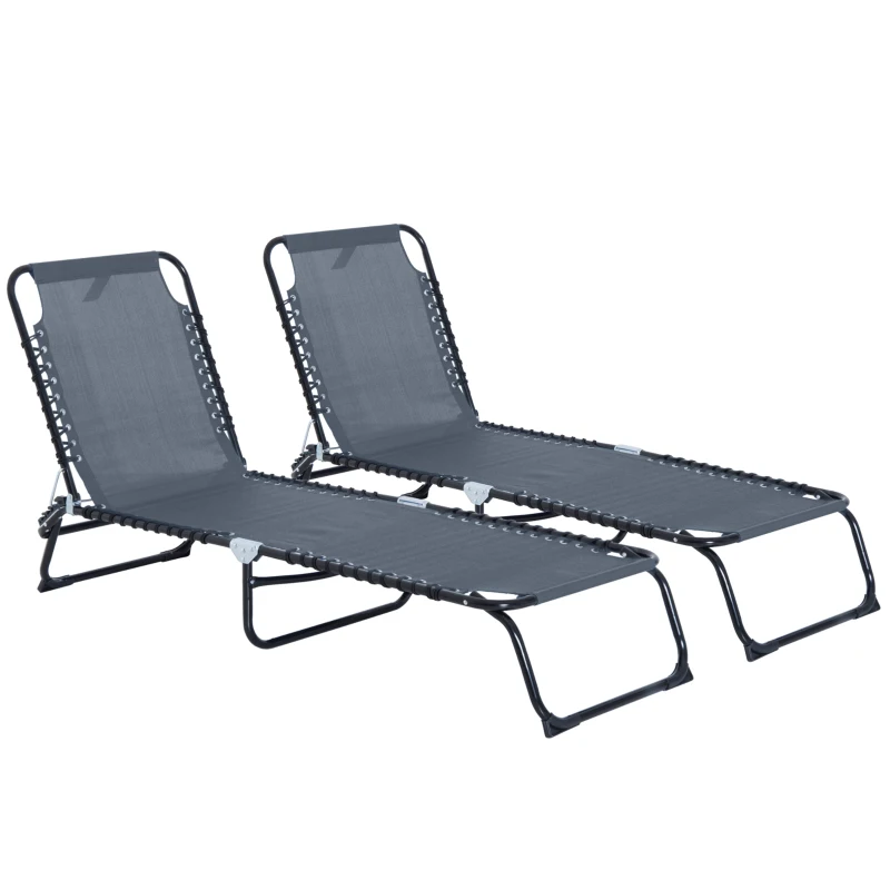 Outsunny Set of 2 Folding Chaise Lounge Chairs, Outdoor Sun Tanning Chairs with Reclining Back, Gray