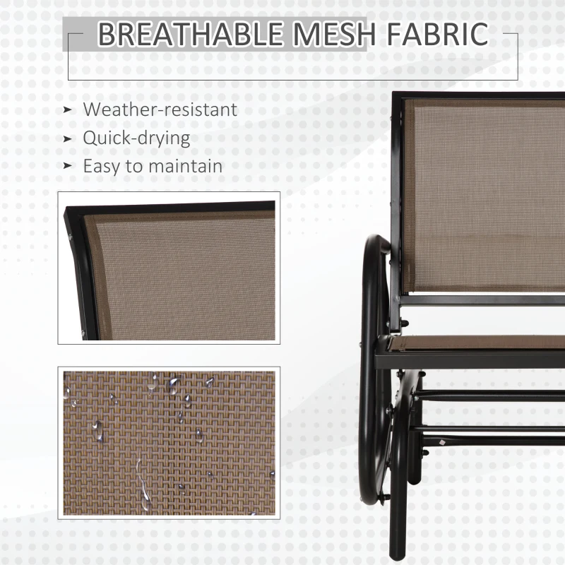 Outsunny 2 Piece Porch Glider Chair Set, Metal Frame Swing Glider Chair with Breathable Mesh Fabric, Curved Armrests and Steel Frame for Garden, Poolside, Backyard, Balcony, Brown