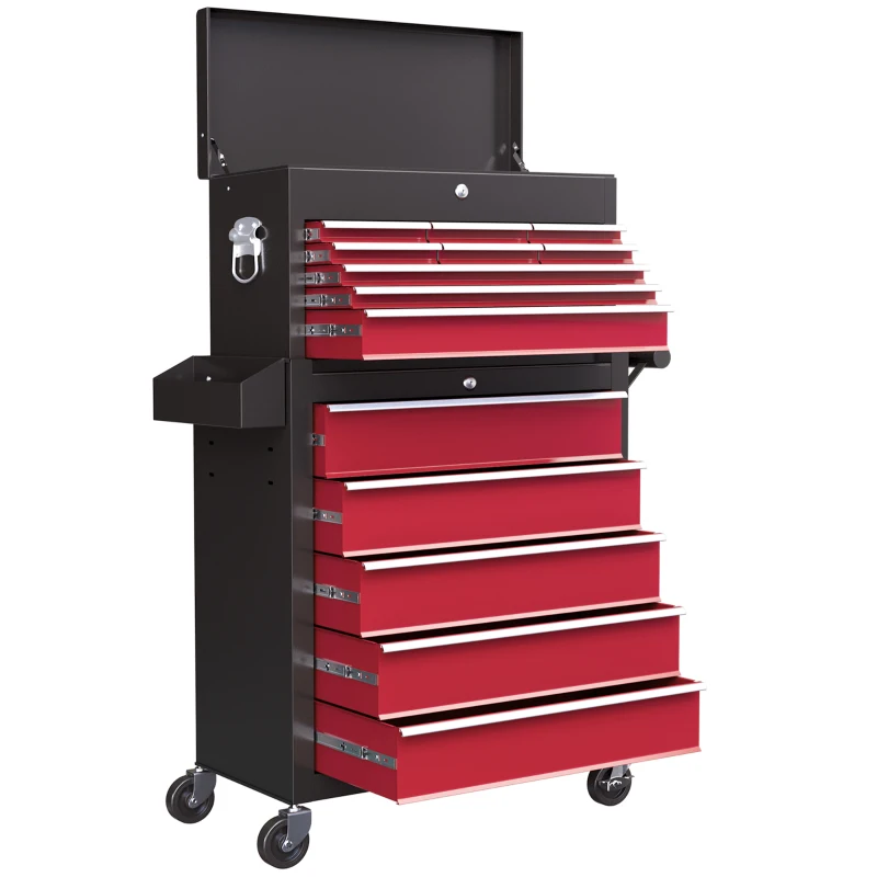 HOMCOM 14 Drawer Rolling Tool Chest, Lockable Tool Storage Cabinet with Detachable Top Toolbox, Protective Liner, Red