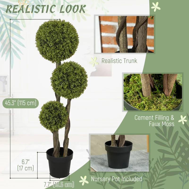 HOMCOM 45 Inch Potted Fake Plant, Artificial Boxwood Topiary Tree, Triple Ball Tree for Indoor and Outdoor, Green