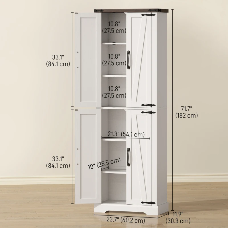 HOMCOM 72" Pantry Cabinet, Farmhouse Freestanding Kitchen Storage Cabinet with Adjustable Shelves for Dining Room, White