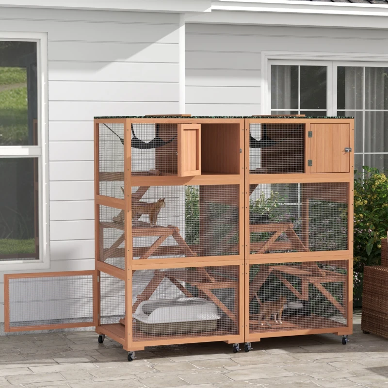 PawHut 2 Piece Wooden Catio, Cat Enclosure House with Hammock, Wheels, Platforms Ramps, Weather Protection Asphalt Roof