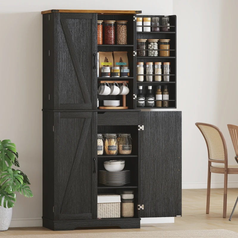 HOMCOM 72" Kitchen Pantry Cabinet, Farmhouse Storage Cabinet with 4 Doors, Drawer, 8 Door Shelves and Adjustable Shelf, Black