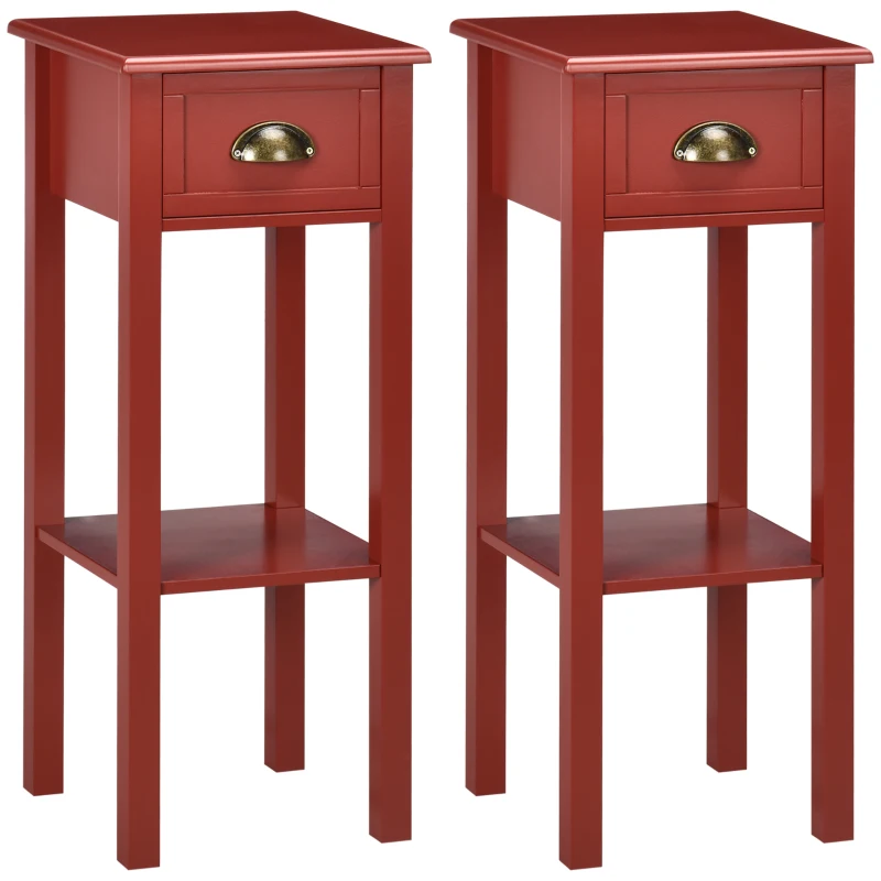 HOMCOM 2-Tier Nightstand, Side Table with Drawer and Shelf for Living Room or Bedroom, Set of 2, Red