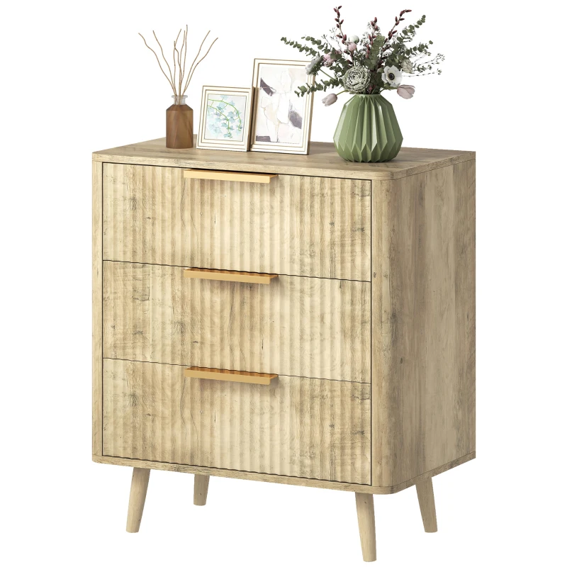 HOMCOM Fluted Chest of Drawers, Modern 3 Drawer Dresser with Pine Wood Legs, Finger Pulls for Closet, Living Room, Hallway, Oak