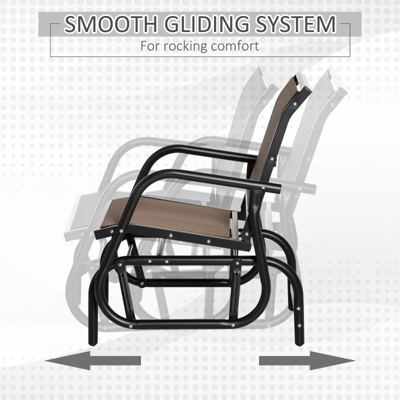 Outsunny 2 Piece Porch Glider Chair Set, Metal Frame Swing Glider Chair with Breathable Mesh Fabric, Curved Armrests and Steel Frame for Garden, Poolside, Backyard, Balcony, Brown