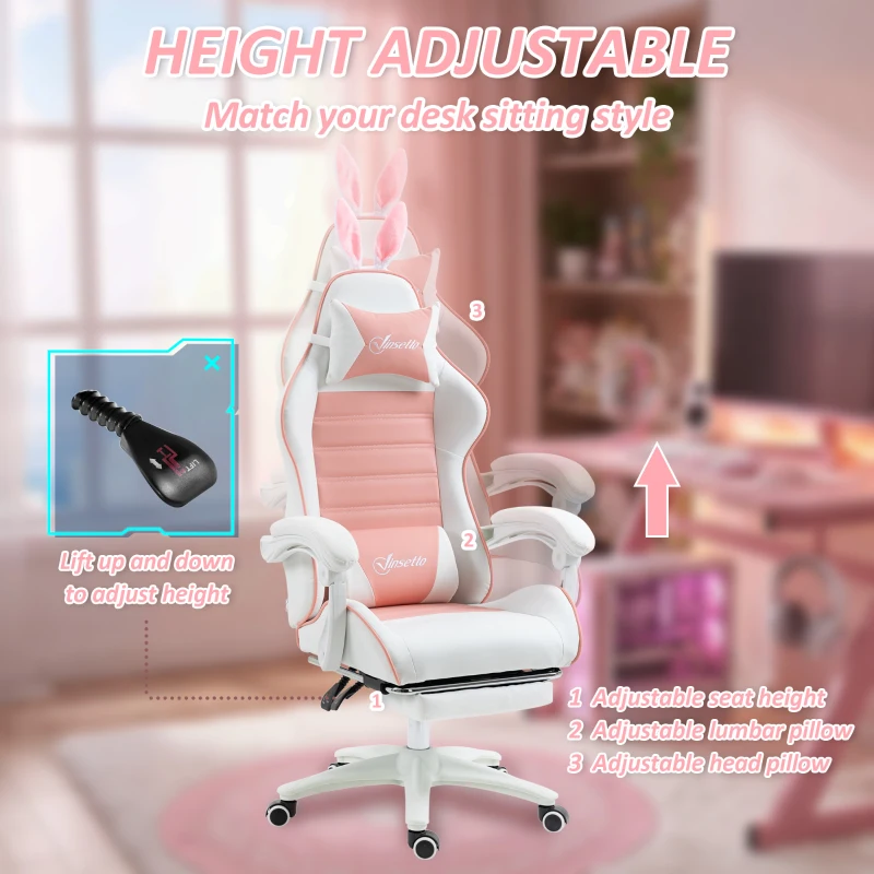 HOMCOM Cute Racing Gamer Chair, PU Leather Gaming Chair with Footrest, Headrest and Lumbar Support, Pink